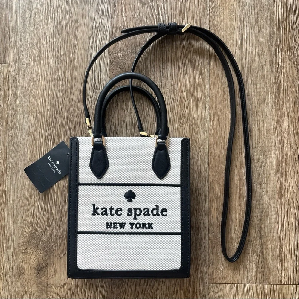 NWT KATE SPADE ELLIE MINI CANVAS  TOTE / CROSSBODY BLACK KK235 - Picture 7 of 9